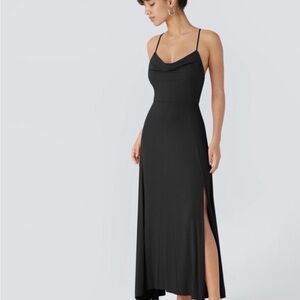 HALARA Black Cowl-Neck Maxi Slip Dress with Side Slit